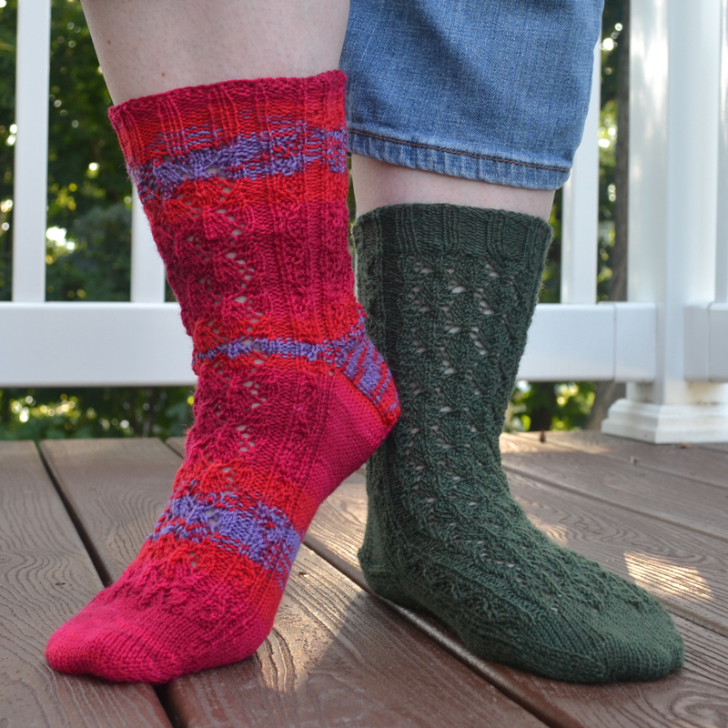 image of leaves and climbing vines socks in two different styles